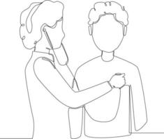 Continuous line drawing of Doctor is checking on patient's chest uses stethoscope to listen patient heart rate. Vector illustration.