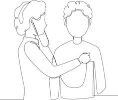 Continuous line drawing of Doctor is checking on patient's chest uses stethoscope to listen patient heart rate. Vector illustration.