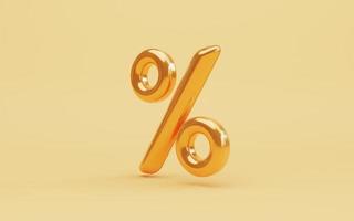 símbolo de signo de porcentaje dorado en amarillo para descuento, concepto de promoción de venta por renderizado 3d. foto