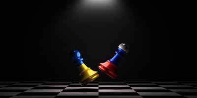 batalla de ajedrez de peón entre ucrania y rusia en el tablero de ajedrez para el conflicto político y el concepto de guerra mediante la técnica de representación 3d. foto
