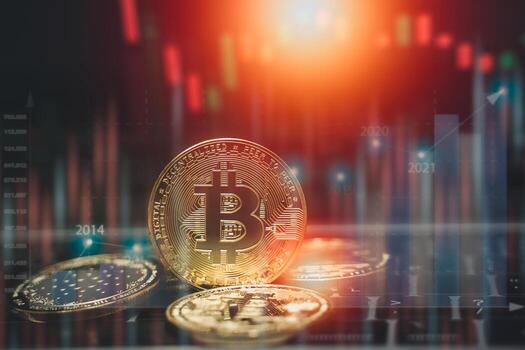 Bitcoin currency with blockchain concept on laptop keyboard with coins and charts and graphs. Crypto investment security and strategy. photo