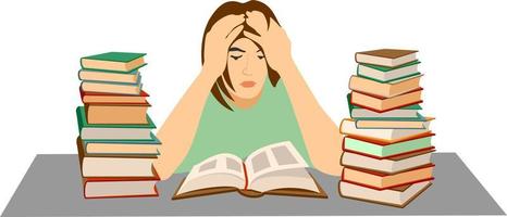 Tired student. Mental stress, education, preparation, frustration, learning concept vector