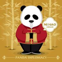 panda wears traditional costume and says hello in Chinese language. vector