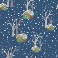 Seamless pattern of a little cabin in the forrest ,greyish color tone, snowing in winter. vector