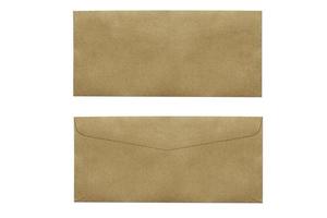 Brown envelope isolated on white background with clipping path. Top view of front and back envelopes. photo