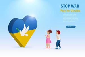 Stop war, pray for Ukraine concept. Children praying for Ukraine with flying pigeon, symbol of peace and freedom. International protest to stop aggressive against Ukraine. vector