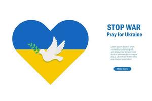 Stop war, pray for Ukraine concept. Ukraine flag in heart shape with flying pigeon, symbol of peace and freedom. International protest to stop aggressive against Ukraine.