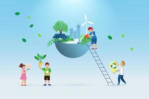 Children with virtual environmental friendly world. Earth day concept for sustainable strategy of eliminate waste and pollution, renewable and reuse natural resources in next generation. vector