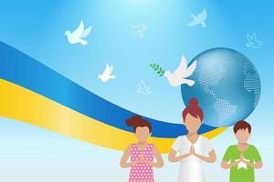 Stop war, pray for Ukraine concept. Woman and children praying for Ukraine with flying pigeon, symbol of peace and freedom. International protest to stop aggressive against Ukraine. vector