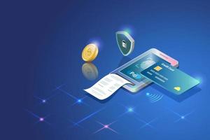 Credit card online payment with fingerprint security on smart phone. Biometric security in financial technology and global network connecting, cyber security concept. vector
