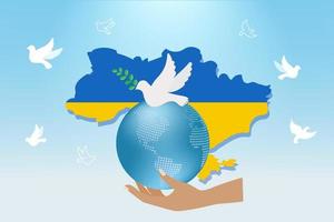 Stop war, pray for Ukraine concept. Hand holding globe with Ukraine map and flying pigeon, symbol of peace and freedom. International protest to stop aggressive against Ukraine. vector
