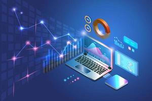 Business analysing, SEO, Web development, software coding and programming on laptop computer with graph charts, script language testing and graphical icons. vector