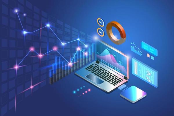Business analysing, SEO, Web development, software coding and programming on laptop computer with graph charts, script language testing and graphical icons.