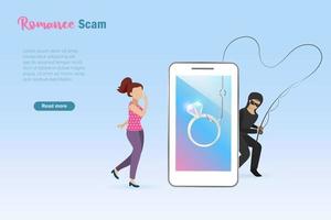 Romance scam, dating scam, cyber crime, hacking, phishing and love scam concept. Hacker,scammer cheating woman by sending diamond ring on smart phone. Online social media fraud. vector