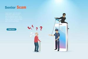 Hacker scam, phishing senior man puppeted as police. Digital cyber crime, hacking, phishing, scam alert  and cyber security awareness concept.