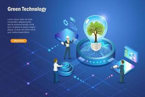 Green technology. Tree growing in lightbulb with digital convergent and green technology in futuristic background. Environmental friendly business, innovation technology for sustainable environment. vector