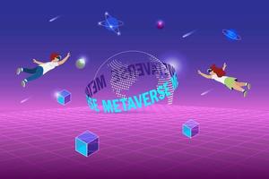 Metaverse, virtual reality, augmented reality and education technology. Kids flying experience metaverse world in cyber space universe environment. vector