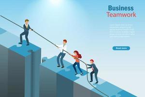 Business success teamwork, collaboration, partnerships, and problem solving strategy. Businessman leader pull rope help partners to success target on jigsaw puzzle pathway. vector