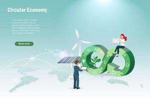 Circular economy in jigsaw puzzles  with wind turbines and solar panel on world map. Businessman team set up sustainable strategy goal of eliminating waste and pollution by using natural resources.