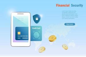 Credit card online payment with fingerprint scanning, secure transaction on smart phone. Financial security in digital online and global network connecting, cyber security technology. vector