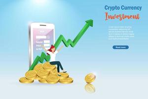 Woman sit on 3D crypto currency coins with growth graph trading platform on smart phone. Bitcoin investment growth profit, defi decentralized finance concept. Crypto stock exchange trading application vector