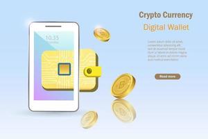 billetera electrónica digital, moneda criptográfica bitcoin 3d con microchips en el teléfono inteligente. dinero digital criptográfico en cuenta de monedero electrónico. inversión bitcoin, concepto de finanzas descentralizadas defi. vector