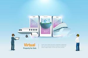 Metaverse virtual land, real estate and property for sale. Businessman buy virtual luxury airplane, cruise ship and buildings on smart phone screen. Financial investment technology in cyber space. vector