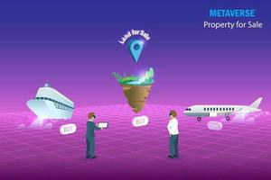 Metaverse airplane, cruise ship and land for sale, virtual real estate and property investment technology.  Businessman buy property for sale in metaverse cyber space futuristic environment background vector
