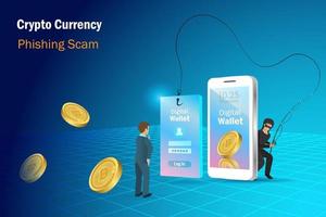 Crypto currency phishing scam, cyber attack. Hacker, scammer online phishing bitcoin on fake digital wallet website. Cyber security awareness concept. vector