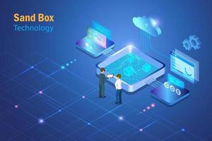 sandbox, programación de software de prueba de demostración. el equipo de ingeniería analiza el programa de experimentos virtuales en el fondo de simulación de metaverse sanbox vector