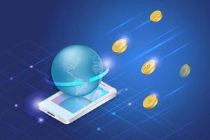 Cryptocurrency coins falling on 3D globe on smart phone. Bitcoin digital investment, defi decentralized finance technology on crypto stock exchange trading application concept. vector