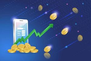 3D crypto currency coins falling to growth graph trading platform on smart phone. Bitcoin investment growth profit, defi decentralized finance concept. Crypto stock exchange trading application. vector