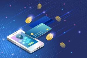 Smart payment, credit card online payment with crypto currency coins, secure transaction on smart phone. Financial security in digital online and global network connecting, cyber security technology. vector