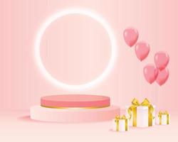 Product display podium on geometric glow. Composition design with gift box and balloons vector