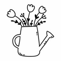 Watering can with flowers. Postcard decor element. Vector doodle illustration. Spring sketch.