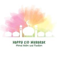 feliz eid mubarak tarjeta de felicitación con fondo de acuarela de colores vector