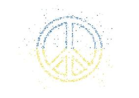 Abstract Geometric Circle dot pattern particle Peace icon shape with Ukraine national flag, VR technology Peaceful Pray and Stop war design gold color illustration on white background with copy space vector