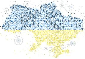 mapa de ucrania de partículas de patrón de puntos de círculo geométrico abstracto con color de bandera nacional, tecnología vr paz orar y detener la ilustración de diseño de concepto de guerra sobre fondo blanco con espacio de copia vector