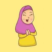 linda chica feliz celebrando el ramadán mubarak, ilustración vectorial de dibujos animados de eid mubarak vector