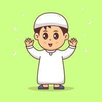 chico lindo contento celebrando el ramadán mubarak, ilustración vectorial de dibujos animados de eid mubarak vector