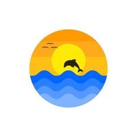 Abstract Vintage sun, sea and jumping dolphin logo. flat vector logo design.