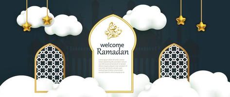 Elegant unique Ramadan celebration banner with crescent moon behind mosque and Arabic calligraphy vector