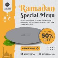 plantilla de publicación de redes sociales de comida y restaurante con tema de ramadán vector