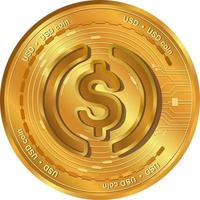 USD coin cryptocurrency.USD logo gold coin.Decentralized digital money concept. vector