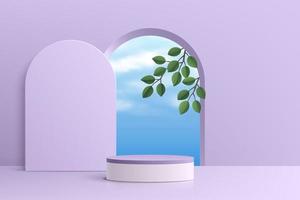 Realistic purple 3D cylinder pedestal podium with blue cloud sky and green leaf in arch window. Minimal scene for products stage showcase, promotion display. Vector geometric platform. Abstract room.