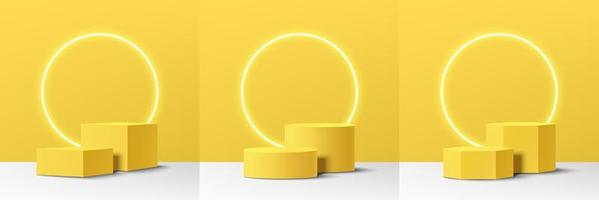 Set of realistic yellow 3D cylinder, cube and hexagon pedestal podium with glowing neon circle lamp. Abstract minimal scene for products stage showcase, promotion display. Vector geometric platform.