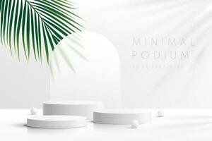 Realistic white 3D cylinder pedestal podium set with green palm leaf. Minimal scene for products stage showcase, promotion display. Vector geometric forms in shadow. Abstract clean studio room design.