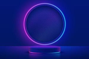 Realistic blue cylinder pedestal podium with illuminate glitter and circle neon light line in futuristic style. Minimal scene for products showcase, Stage promotion display. Abstract room platform. vector