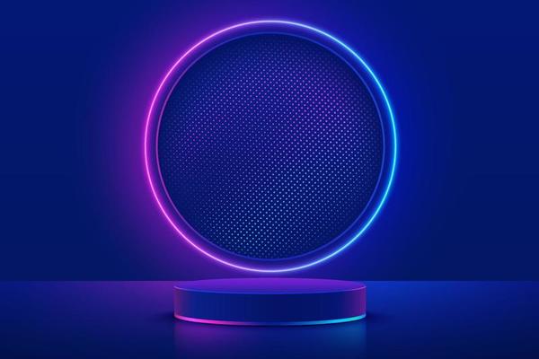 Realistic blue cylinder pedestal podium with illuminate glitter and circle neon light line in futuristic style. Minimal scene for products showcase, Stage promotion display. Abstract room platform.
