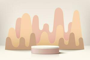 Realistic beige 3D cylinder pedestal podium with pastel wavy shape layers overlap backdrop. Minimal scene for products stage showcase, promotion display. Vector geometric platform. Abstract room.